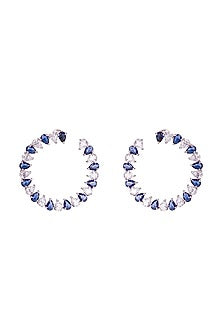 White Finish Cubic Zirconia & Blue Stone Hoop Earrings In Sterling Silver