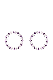 White Finish Cubic Zirconia & Purple Stone Hoop Earrings In Sterling Silver