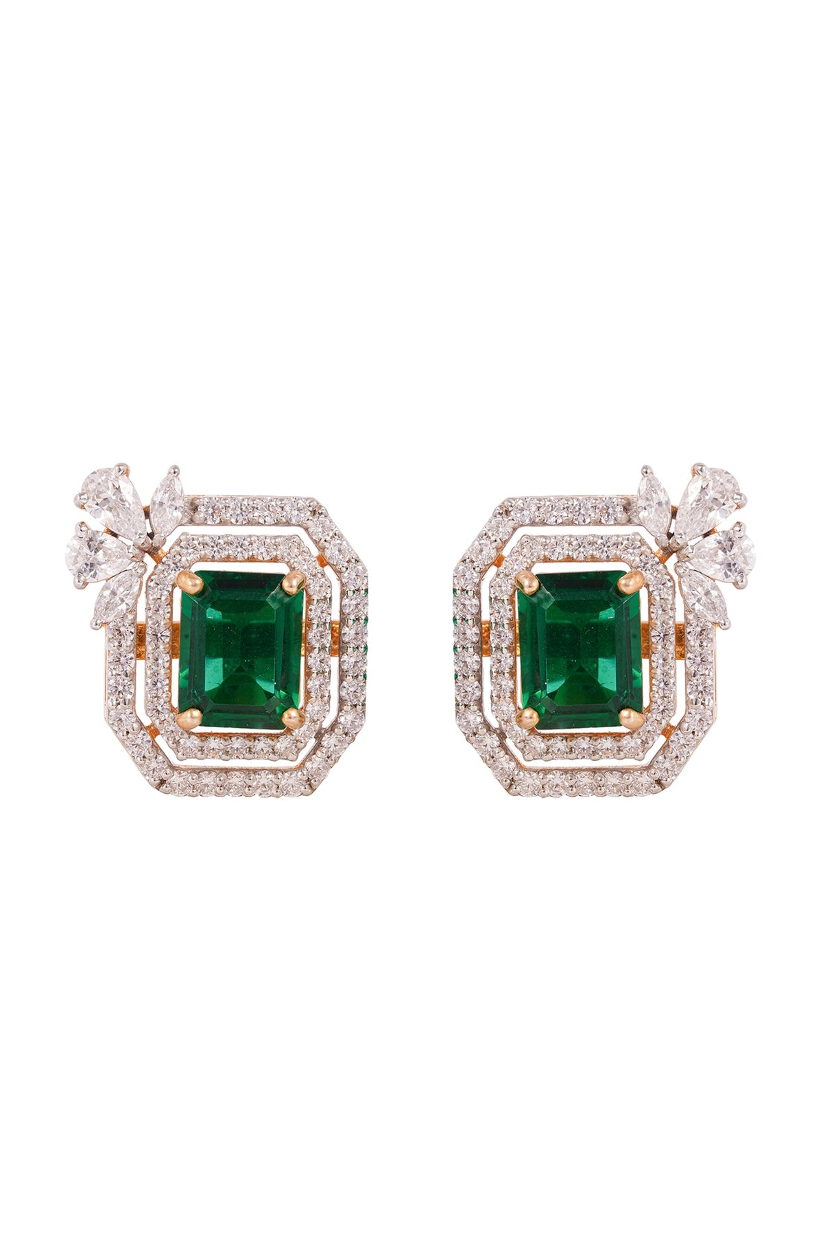 Gold Finish Cubic Zirconia Stud Earrings In Sterling Silver