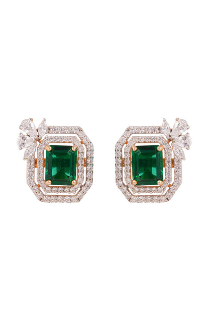 Gold Finish Cubic Zirconia Stud Earrings In Sterling Silver