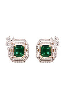 Gold Finish Cubic Zirconia Stud Earrings In Sterling Silver
