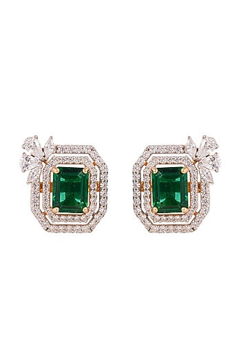 Gold Finish Cubic Zirconia Stud Earrings In Sterling Silver