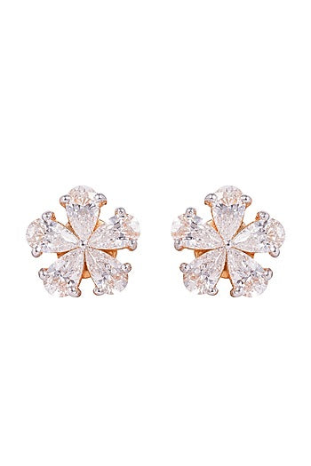Gold Finish Cubic Zirconia Stud Earrings In Sterling Silver