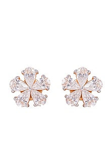 Gold Finish Cubic Zirconia Stud Earrings In Sterling Silver