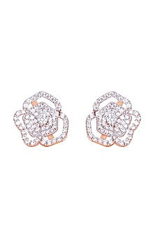 Rose Gold Finish Cubic Zirconia Floral Earrings In Sterling Silver