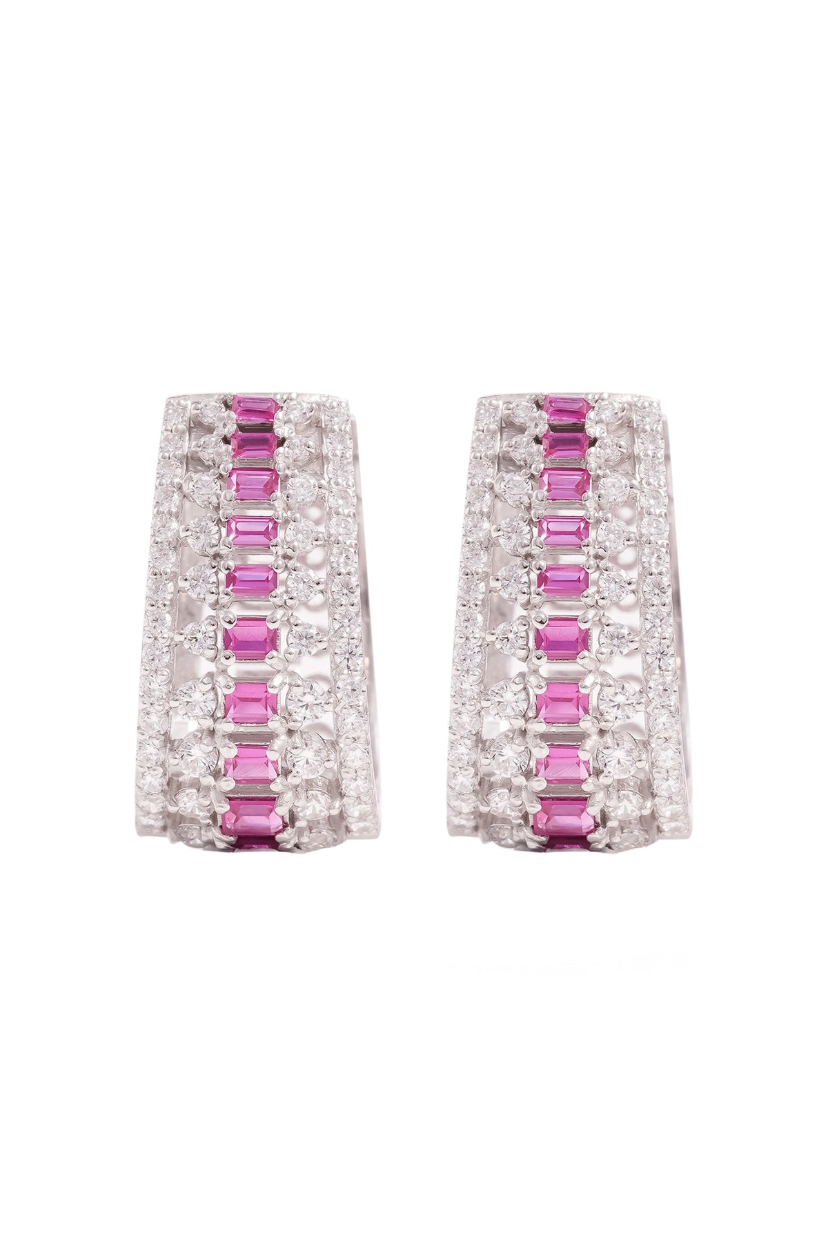 White Rhodium Finish Cubic Zirconia & Red Stone Stud Earrings In Sterling Silver