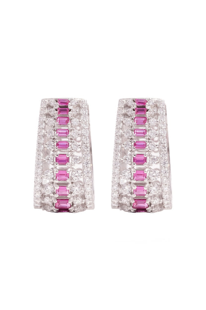 White Rhodium Finish Cubic Zirconia & Red Stone Stud Earrings In Sterling Silver