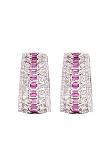 White Rhodium Finish Cubic Zirconia & Red Stone Stud Earrings In Sterling Silver