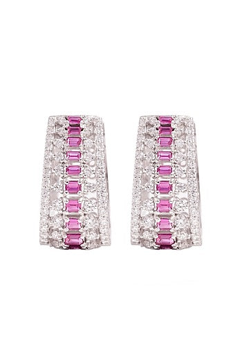 White Rhodium Finish Cubic Zirconia & Red Stone Stud Earrings In Sterling Silver