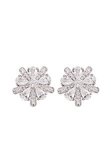 White Rhodium Finish Cubic Zirconia Stud Earrings In Sterling Silver