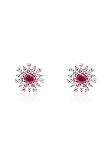 Rose Gold Finish Imported Cubic Zirconia & Red Cabochon Stone Stud Earrings In Sterling Silver