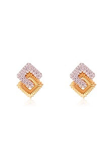 Gold Finish Round Cubic Zirconia Textured Stud Earrings In Sterling Silver