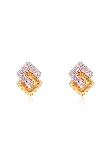 Gold Finish Round Cubic Zirconia Textured Stud Earrings In Sterling Silver