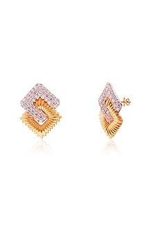 Gold Finish Round Cubic Zirconia Textured Stud Earrings In Sterling Silver