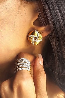 Gold Finish Imported Cubic Zirconia Textured Swirl Stud Earrings In Sterling Silver