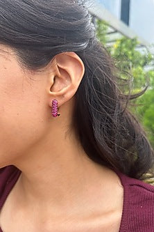 Rose Gold Finish Cubic Zirconia & Pinkish Red Stone Square Earrings In Sterling Silver