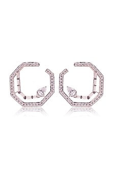 White Finish Cubic Zirconia & Green Stone Octagon-Shaped Hoop Earrings In Sterling Silver