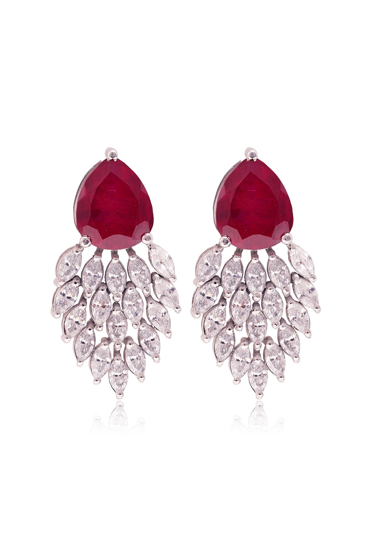 White Finish Cubic Zirconia & Pear-Shaped Red Stone Dangler Earrings In Sterling Silver