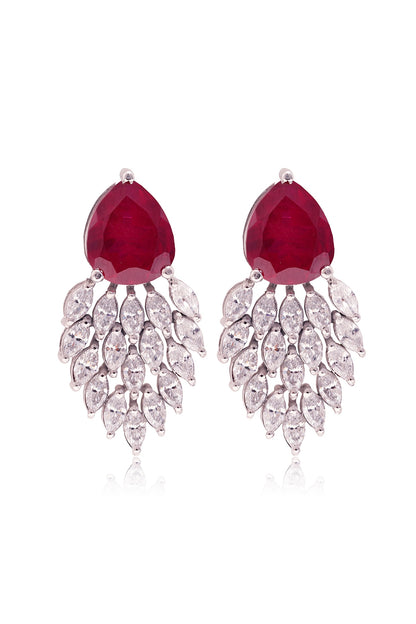 White Finish Cubic Zirconia & Pear-Shaped Red Stone Dangler Earrings In Sterling Silver