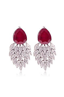 White Finish Cubic Zirconia & Pear-Shaped Red Stone Dangler Earrings In Sterling Silver
