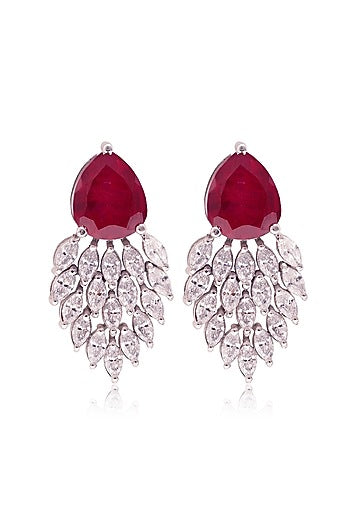 White Finish Cubic Zirconia & Pear-Shaped Red Stone Dangler Earrings In Sterling Silver