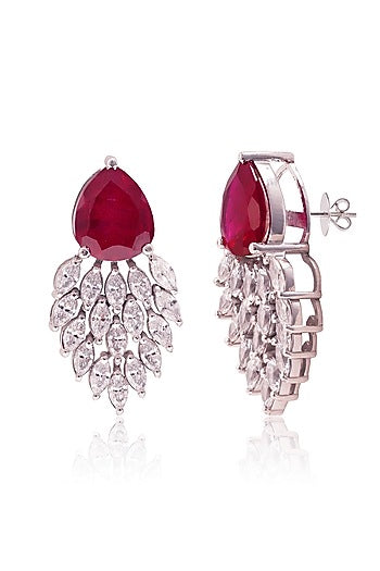 White Finish Cubic Zirconia & Pear-Shaped Red Stone Dangler Earrings In Sterling Silver