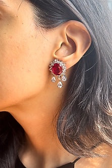 White Finish Cubic Zirconia & Pear-Shaped Red Stone Dangler Earrings In Sterling Silver
