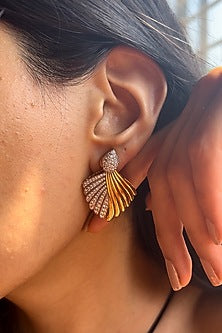Gold Finish Round Cubic Zirconia Feather Earrings In Sterling Silver
