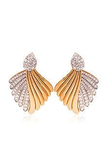 Gold Finish Round Cubic Zirconia Feather Earrings In Sterling Silver