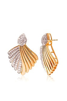 Gold Finish Round Cubic Zirconia Feather Earrings In Sterling Silver