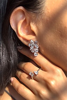 White Finish Cubic Zirconia Stud Earrings In Sterling Silver