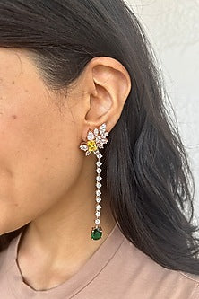 Gold Finish Cubic Zirconia & Green Stone Dangler Earrings In Sterling Silver
