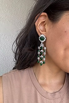 White Finish Cubic Zirconia & Emerald Green Stone Dangler Earrings In Sterling Silver