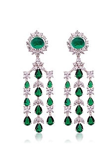 White Finish Cubic Zirconia & Emerald Green Stone Dangler Earrings In Sterling Silver