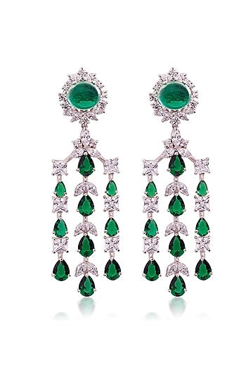 White Finish Cubic Zirconia & Emerald Green Stone Dangler Earrings In Sterling Silver