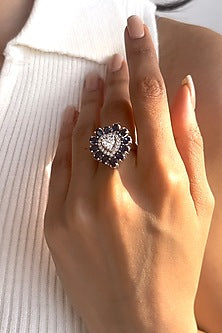 White Finish Heart-Shaped Cubic Zirconia & Blue Stone Ring In Sterling Silver
