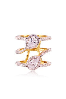 Yellow Gold Plated Pear-Cut Cubic Zirconia Ring In Sterling Silver