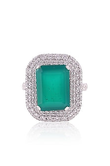White Finish Cubic Zirconia & Doublet Emerald Stone Ring In Sterling Silver