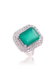 White Finish Cubic Zirconia & Doublet Emerald Stone Ring In Sterling Silver