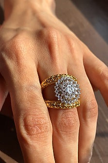 Gold Finish Cubic Zirconia Ring In Sterling Silver