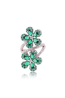 White Finish Cubic Zirconia & Pear-Cut Green Stone Ring In Sterling Silver