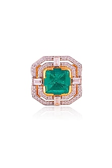Gold Finish Doublet Emerald Green Stone & Cubic Zirconia Ring In Sterling Silver