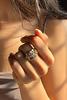Gold Finish Pear-Cut Cubic Zirconia Floral Ring In Sterling Silver