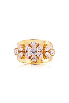 Gold Finish Pear-Cut Cubic Zirconia Floral Ring In Sterling Silver