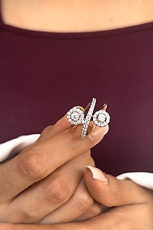 Gold Finish Cubic Zirconia Spiral Band Halo Ring In Sterling Silver
