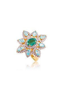Gold Finish Cubic Zirconia & Pear-Cut Aqua Stone In Sterling Silver
