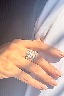 Gold Finish Round Imported Cubic Zirconia Ring In Sterling Silver