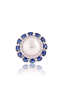 White Finish Round Cubic Zirconia & Oval Blue Stone Ring In Sterling Silver