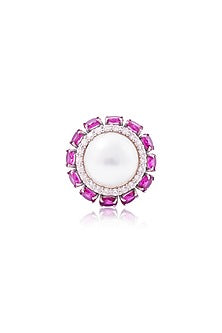 White Finish Round Cubic Zirconia & Pinkish Red Stone Ring In Sterling Silver