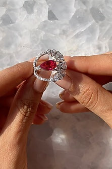 White Finish Pear Cubic Zirconia & Red Stone Ring In Sterling Silver